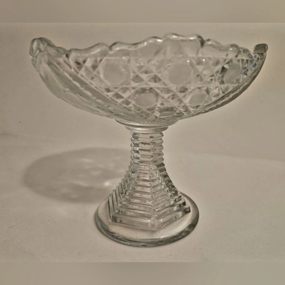 Vintage Pressed/Cut Glass Pedestal Footed Candy Dish Floral